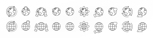 白い背景の図の世界記号上の地球世界の異なるアイコンのセット