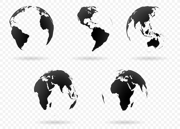 Vector set of earth globe icon in different views highly detailed images of continents with transparent parts vector illustration