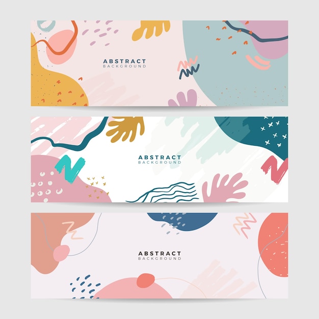 Vector set of earth tone colorful minimal organic floral leaves hand drawn abstract banner background in boho style