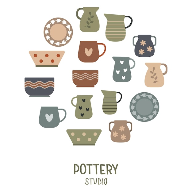 A set of earthenware with ornaments in a retro style in the shape of a circle Pottery icons