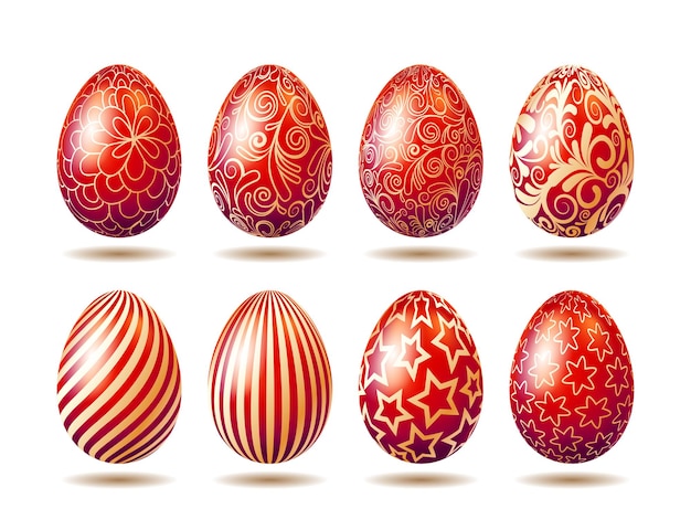 흰색 배경에 고립 된 황금 장식 부활절 밝은 빨간색 계란 세트