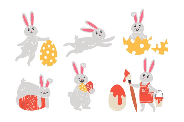 Set of Easter bunnies and painted eggs in cartoon style