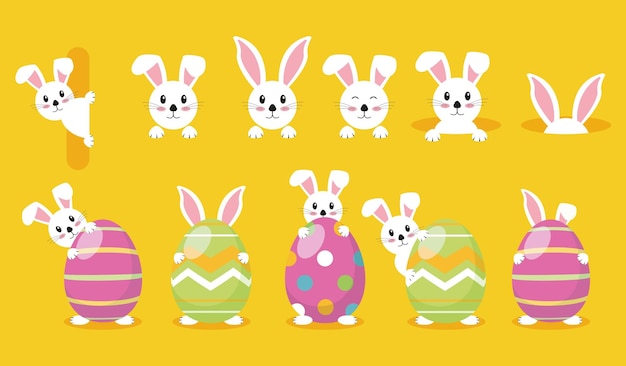 Vector set of easter bunnies rabbits and ears modern egg bunnies for kids standing with placard vector