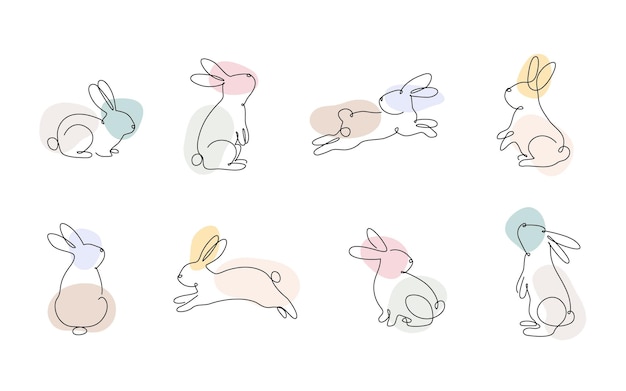 Set of easter bunnies in simple one line drawing style colored rabbit icon