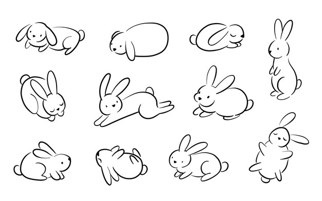 Набор пасхального кролика в простом стиле одной линии Черный кролик значок линии рисунок пасхального кролика черно-белый минималистский ручной рисунок векторной иллюстрации Изолированный на белом фоне