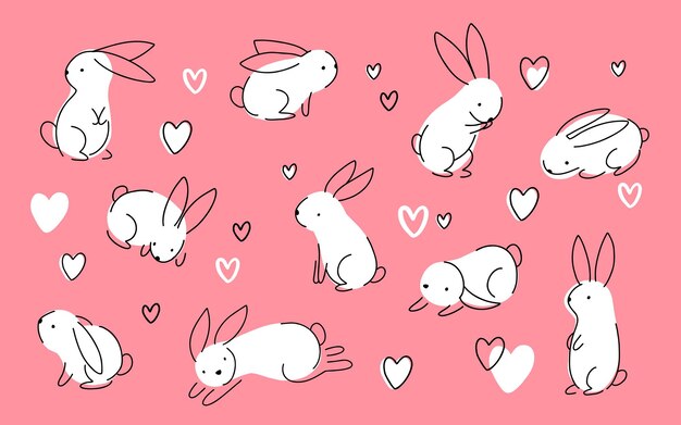 Vector set of easter bunny in simple one line style colored rabbit icon continuous line drawing of easter