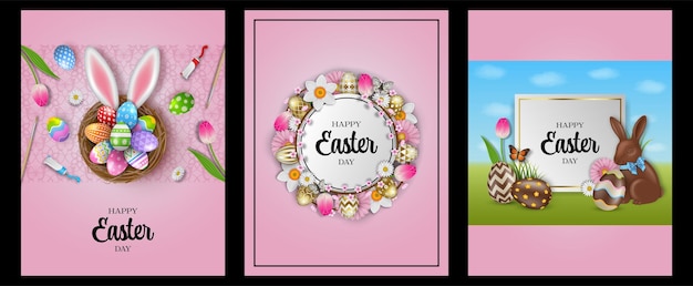 set of easter cards with flowers and colorful eggs. decorated eggs in a nest with bunny ears.