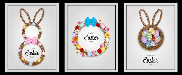 set of easter cards with wreaths. collection of easter backgrounds with eggs and flowers