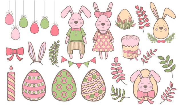 Set of Easter design elements. Eggs, rabbit, flowers, branches, basket, candle. Perfect for holiday decoration