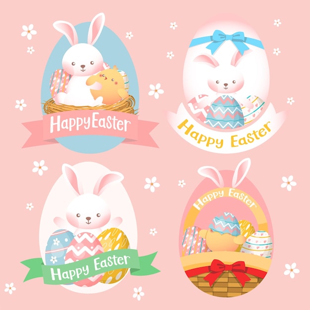 A set of Easter egg borders with hares, chicks, eggs, nests and baskets