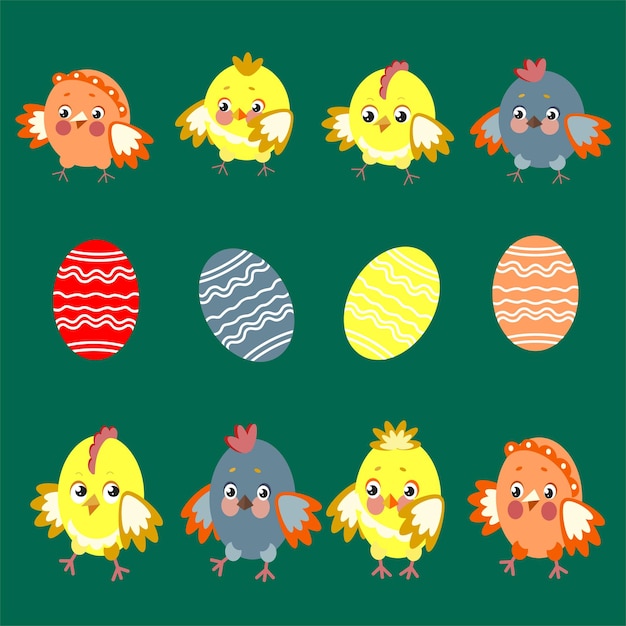 Set easter eggs and chickens