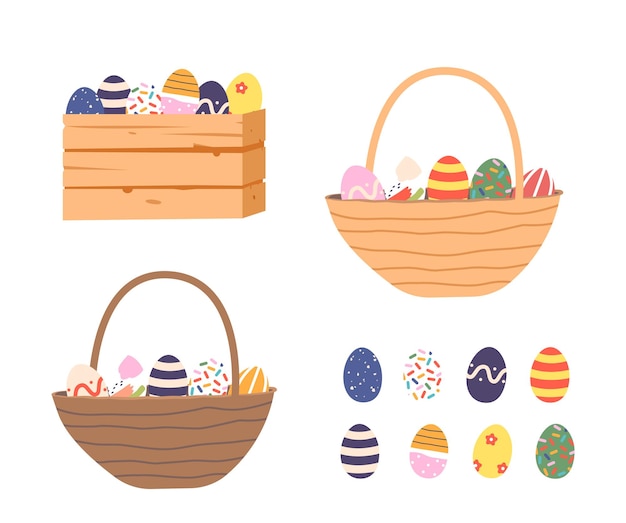 Vector set of easter eggs colorful decorated chicken or chocolate eggs in wooden box and wicker basket isolated on white