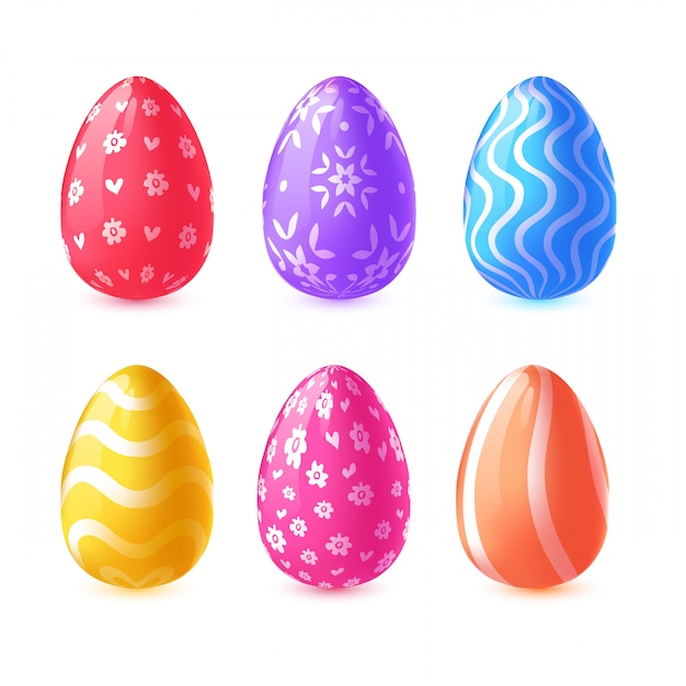 Set of easter eggs. painted eggs for the spring holiday of easter with a linear and floral pattern.