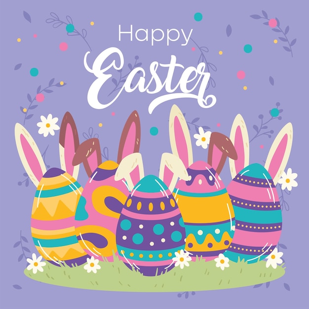 Set of easter eggs with bunny ears Easter week invitational card Vector illustration