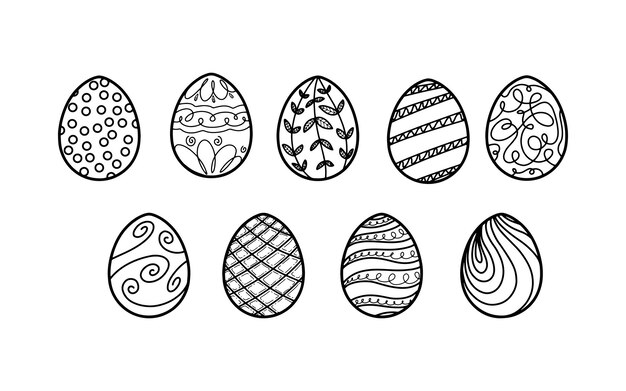 Vector set of easter eggs with a pattern easter holiday protein yolk linear cartoon coloring book