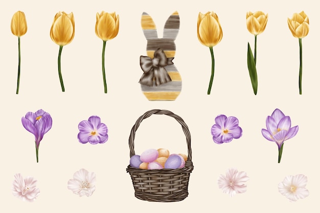 Набор пасхальных элементов корзины с яйцами, тюльпанами, пасхальным кроликом