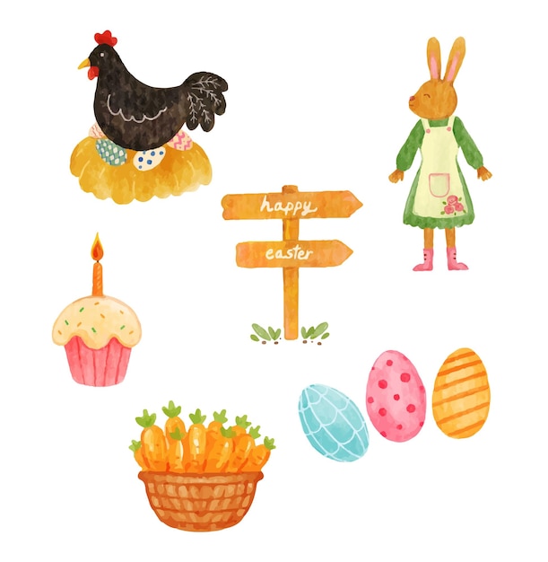 Vector set of easter elements watercolor vector illustration