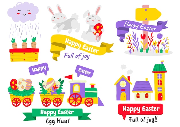 Set of easter elements with painted eggs and animals. happy easter day