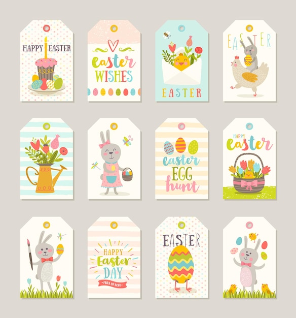 Vector set of easter gift tags and labels with cute cartoon characters and type design