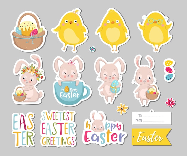 Set of easter gift tags scrapbooking elements labels badges with cute bunnies chicken and lettering easter greeting stickers with bunny flowers eggs vector illustration eps10