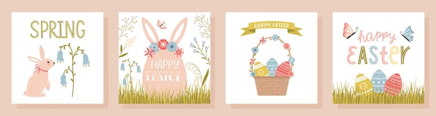 A set of Easter greeting cards in a cute cartoon style with handwritten inscriptions Hand lettering flowers eggs bunnies basket with decorated eggs grass Square vector illustrations on white