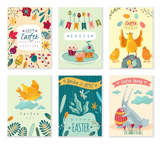 Set of Easter greeting cards with cute cartoon characters and flowers