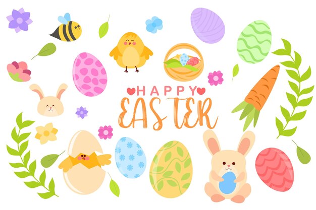 A set of easter icons with the phrase happy easter.