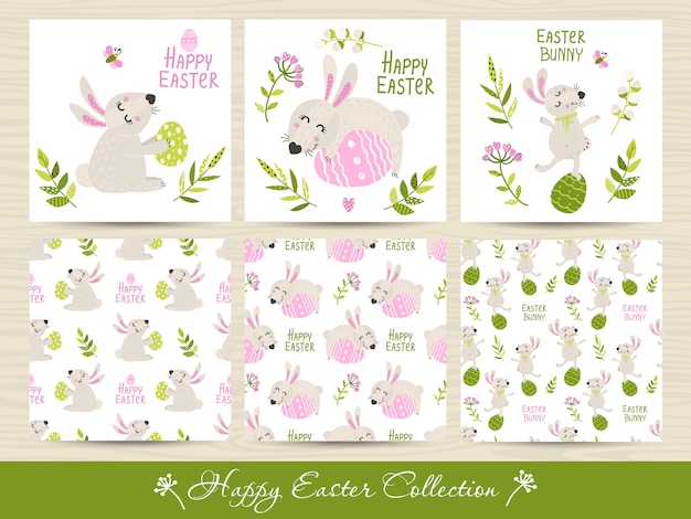 Vector set of easter seamless patterns and cards