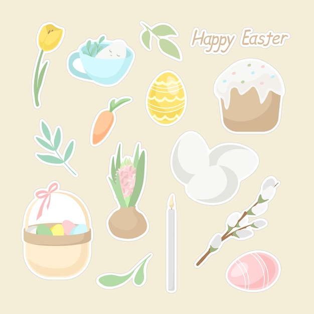 Vector set of easter stickers eggs collection cake basket tulip hyacint willow carrot vector objects