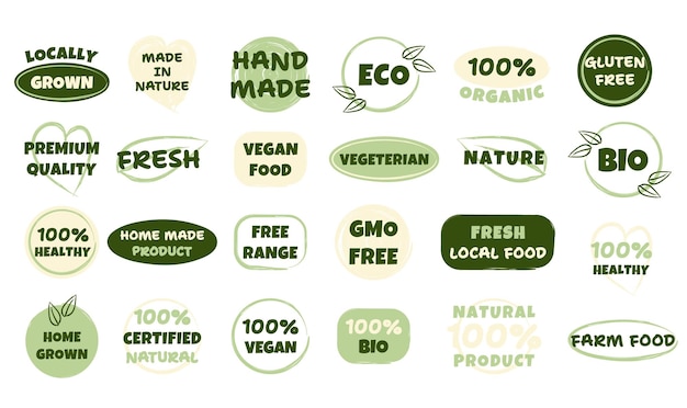 set of eco bio organic and natural products sticker label badge and logo ecology icon