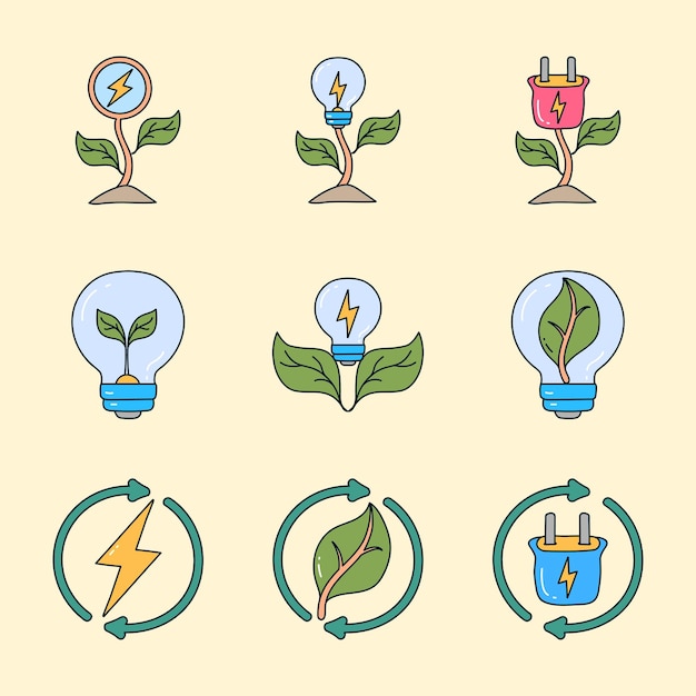Set di icone piatte di doodle di energia eco collezioni di icone di doodle di energia rinnovabile