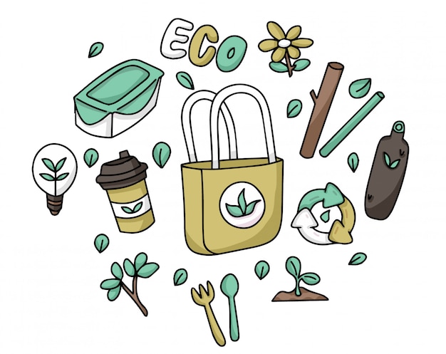 Set eco friendly reusable items doodle