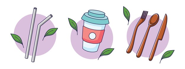set of eco friendly tableware items zero waste concept vector illustration in cartoon style