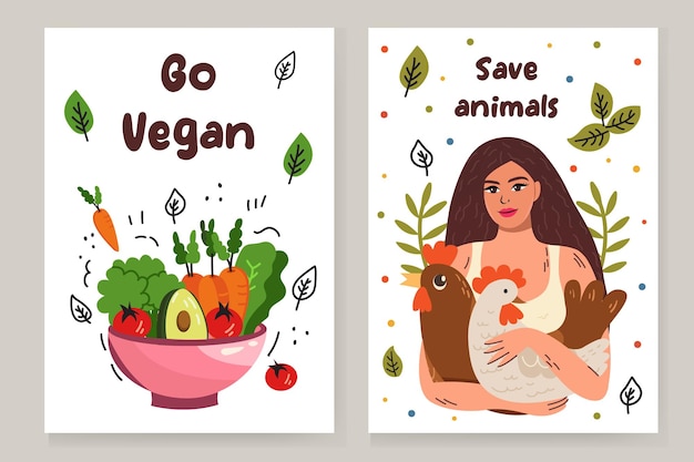 Set of eco lifestyle card template with motivational phrases vector flat illustration Vegetarian