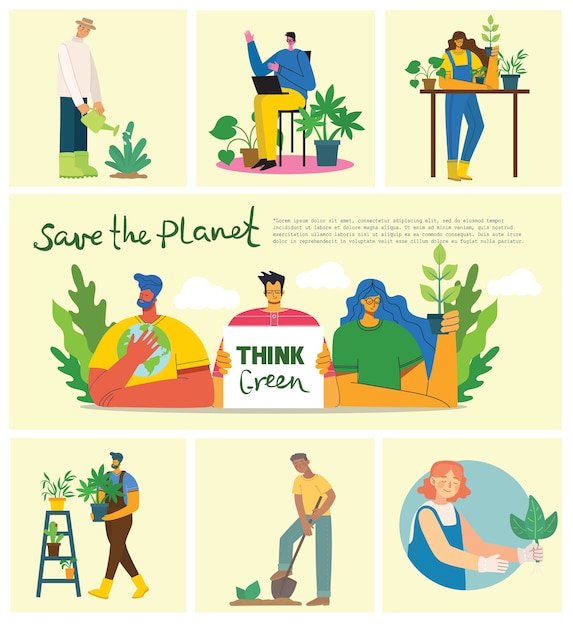 Set of eco save environment pictures. People taking care of planet collage. Zero waste, think green, save the planet, our home hand written text in the modern flat design