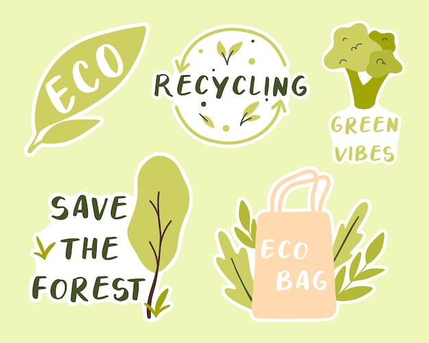 Set of eco stickers Eco friendly stickers Collection of stickers eco bag eco recycling save the forest Vector illustration Flat hand drawn style