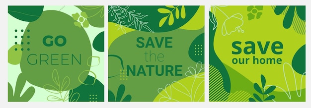 Vector set of ecological banners with green backgrounds liquid shapes leaves and elements