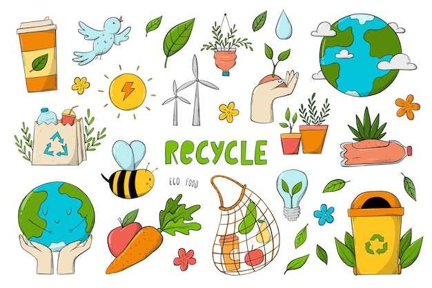 Set of ecological sustainability doodles environment cartoon elements