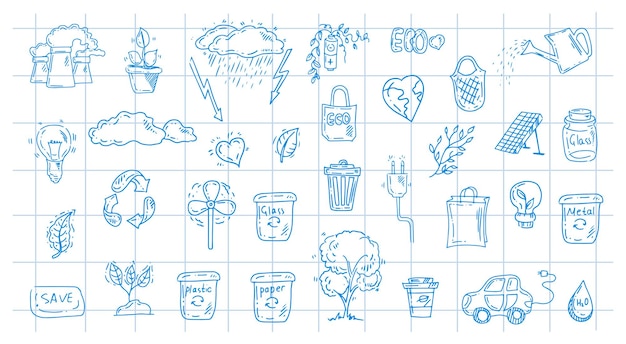 Set of ecology on the background of a checkered notebook sheet Hand drawn design vector