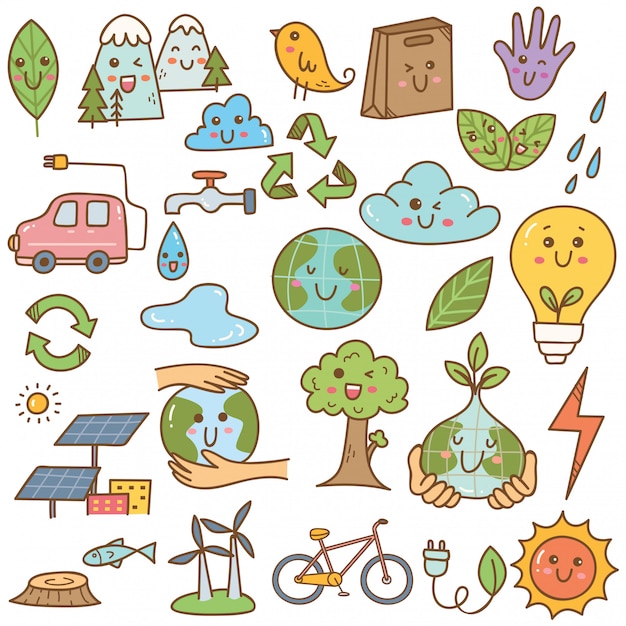 Vector set of ecology doodle in kawaii style