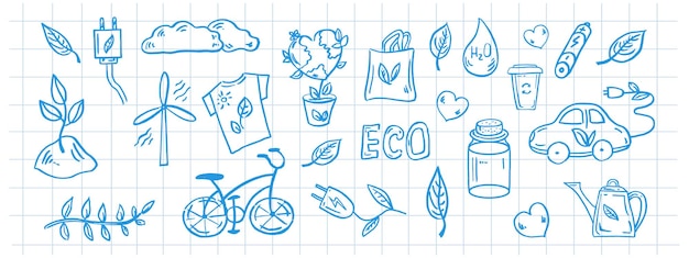 Set of ecology hand drawn doodle vector ecology recycling environmental symbols