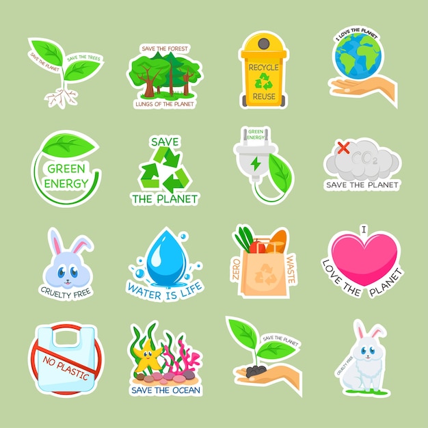 Vector set of ecology stickers with slogans