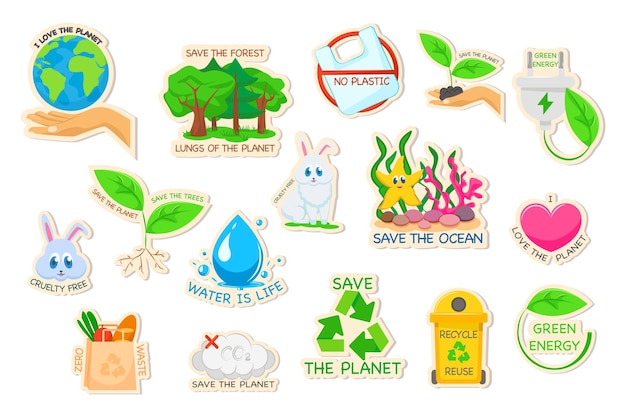 Set of ecology stickers with slogans