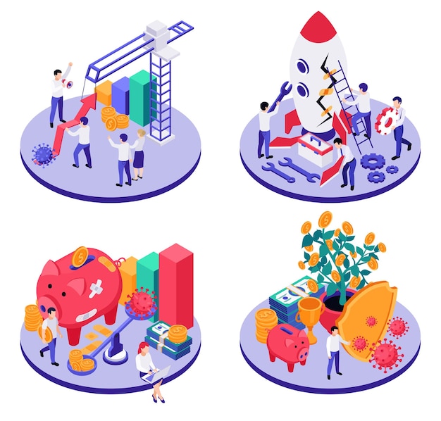 Set of economic business and virus illustration