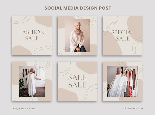 Set of Editable Aesthetic Social Media Instagram Design Post Template Decorated with Cream Blob Linear Object Frame Suitable for Advertising Promotion Presentation Product Fashion Beauty Cosmetic