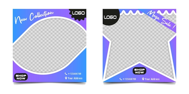 Set di banner modificabili modello di post sui social media elegante colore di sfondo sfumato viola e blu