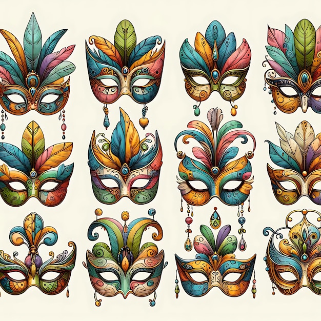 Set of Editable Collection of CARNIVAL MASK for Mardi Gras