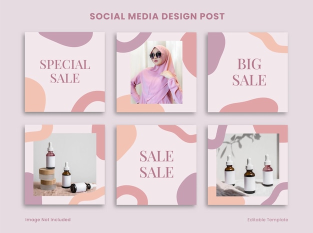 Set di modelli modificabili di post di design instagram per social media, decorati con blob, sfondo con cornice pastello viola memphis, adatto per post pubblicitari, branding, prodotti, bellezza, moda, cosmetici