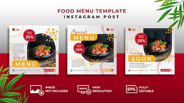 set of editable food menu minimal square banner template red and yellow element
