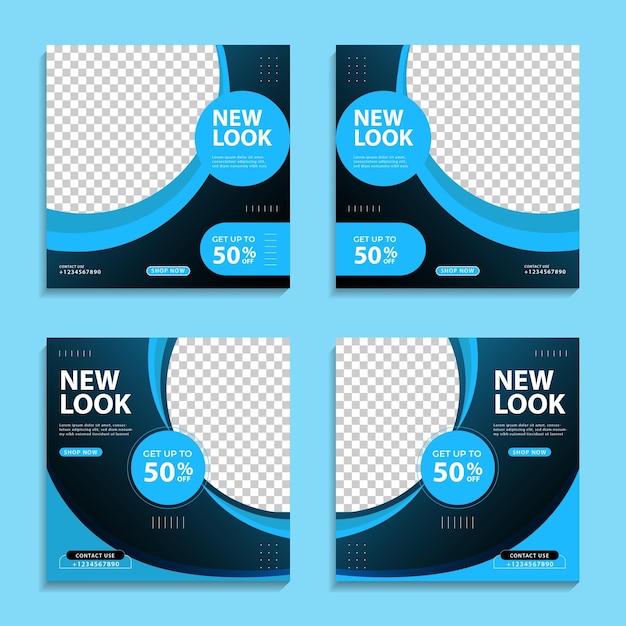 Vector set of editable minimal square banner template. blue and black background social media post